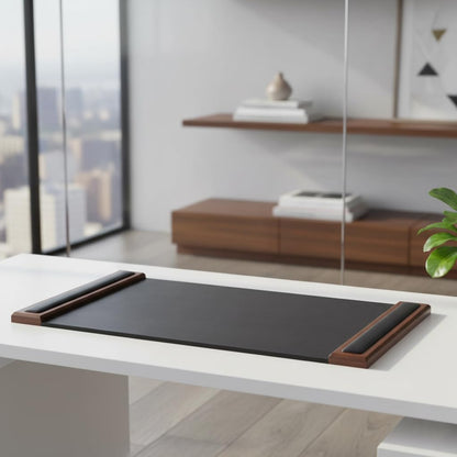 DACASSO Wood & Leather Desk Pad with Side Rails - Luxury Leather Desk Blotter for Writing - Padded Executive Desk Surface Protector - (Walnut & Black, 34” x 20”)