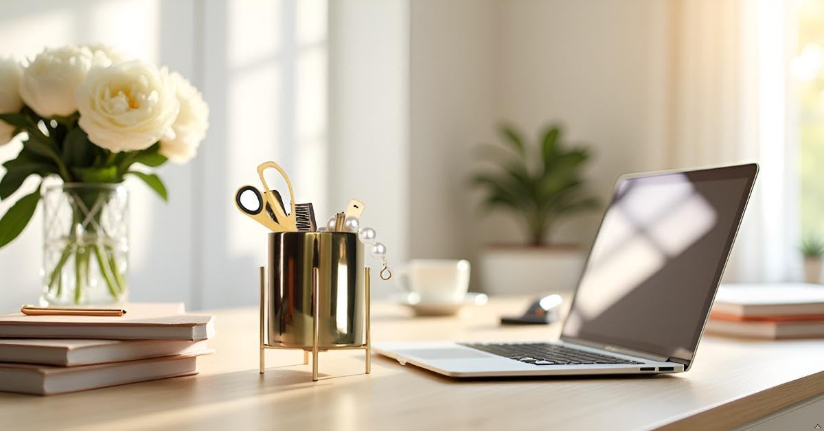 Gold Pencil Cup Sturdy Metal Frame With White Ceramic Pen Holder For Desks and kitchen Appliance Holders