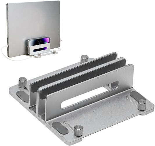 HomeBeyond Aluminum Vertical Laptop Stand for Desk, Adjustable Dual Slot Holder(up to 1.73 inches), Compatible with MacBook Pro, MacBook Air and Other Laptop - Save Space & Improve Airflow, Silver