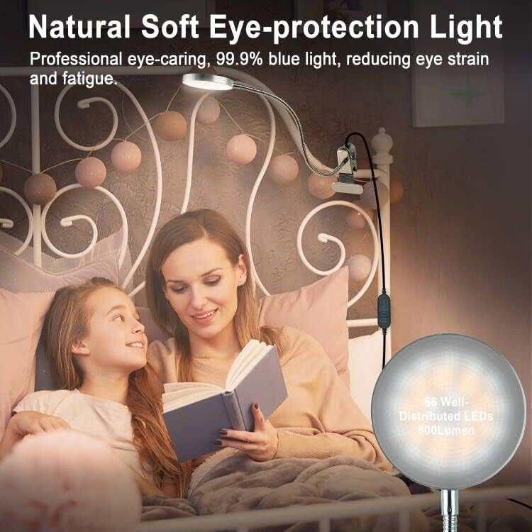 LiFMIRA Clip-on Lamp Reading Light - 5 Color Modes, 10 Brightness Levels, 8W, 66 LED, Eye-Caring Metal Clamp Light with Gooseneck for Bed, Headboard, Desk, Video Conferencing, Makeup