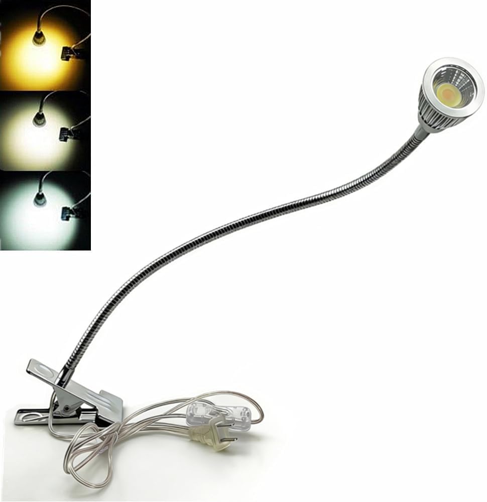 QUANS 5W 3 Colors LED COB Clip on Light Black 19.68 INCH 50 CM Tube Desk Flexible Table Bed Lamp Work Home Design Lighting 110V 220V 85-265VAC with US Plug Switch on Off 500LM (Black)