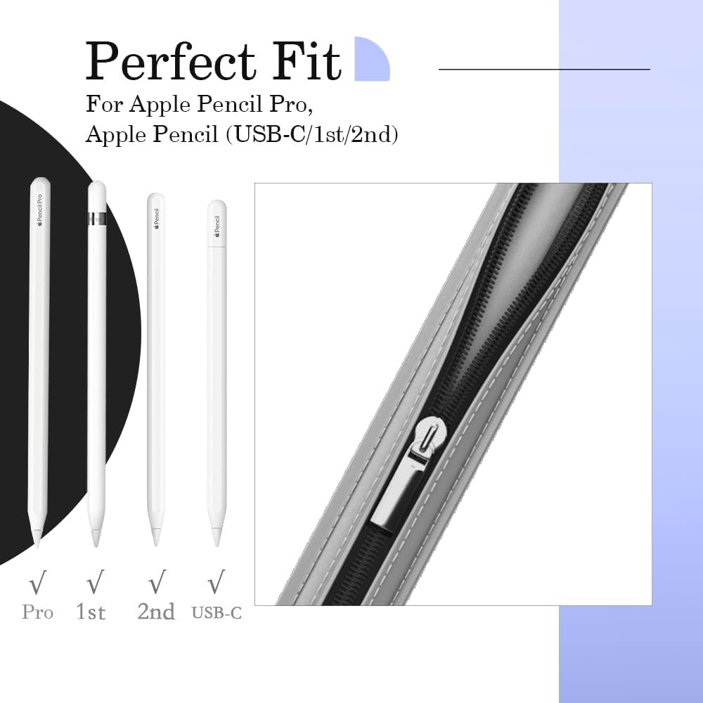 MoKo Pencil Case Fit Apple Pencil Pro, iPencil (USB-C), Apple Pencil 1st/2nd Generation, Stylus Pencil Sleeve PU Leather Zipper Pouch with Elastic Band for 9.7"-12.9" Tablet, Space Gray