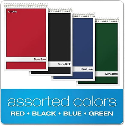 TOPS Steno Pads 4 Pack, 6" x 9" Spiral Steno Notebooks, Gregg Rule for lists, 80 Sheets Each, White Paper, Assorted Covers, Take Notes for School, College, Work, Office (80220)