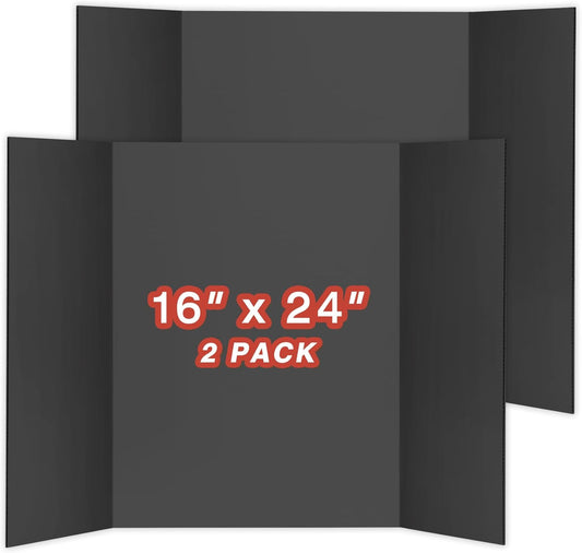 Chell Mini Size Trifold Poster Board, 16" x 24", Small Corrugated Project Boards, Black, 2 Pack