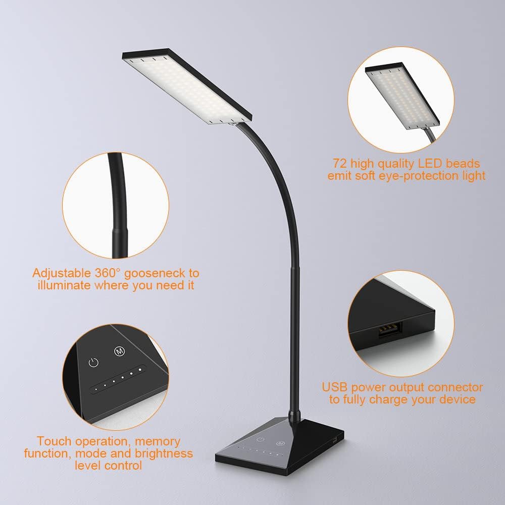 Vansuny Clip on Light LED Desk Lamp with Eye-Caring LED Light and Metal Clip, 6 Level Brightness 3 Color Modes, Power by USB Port 5W Adjustable Neck Reading Lamp for Home and Office (5W, Black)