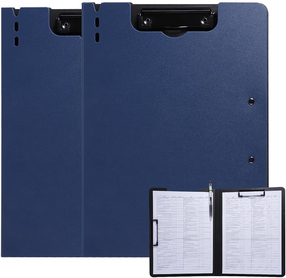 FRETONBA Clipboard Folder, A4 Foldable Clipboard with Horizontal and Vertical Double Metal Clips, 360 Degree Foldable Binder Clipboards with Pen Holder, File Cover Work Folder Clipboards, Blue