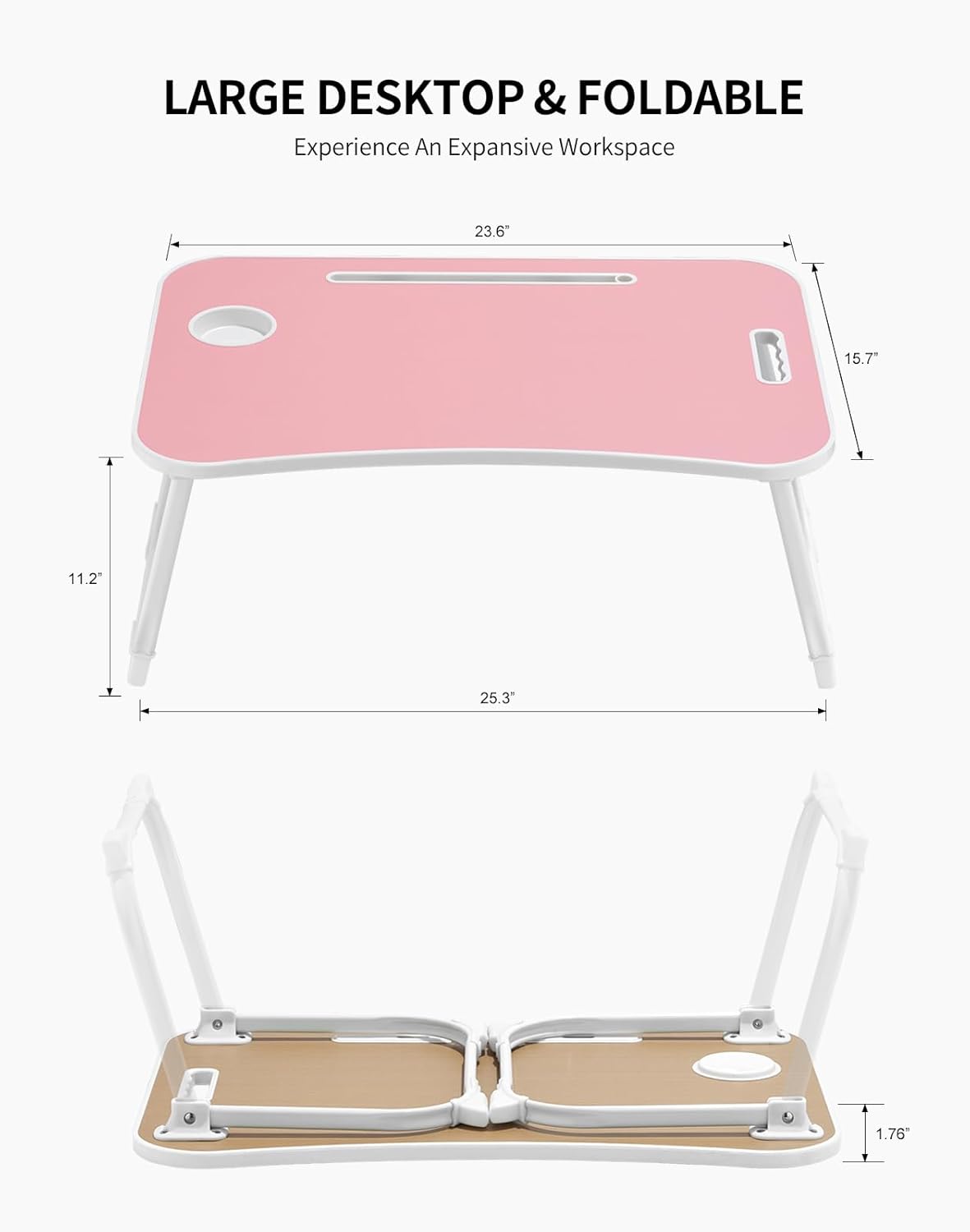 ZEAPTAC Laptop Bed Desk, Foldable Lap Desk, Portable Lap Table, Laptop Stand with Cup Holder, Tablet Slot & Lifting Handle for Work, Write, Draw & Eat on Bed, Sofa or Couch - Pink