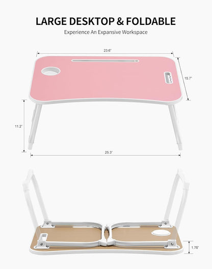 ZEAPTAC Laptop Bed Desk, Foldable Lap Desk, Portable Lap Table, Laptop Stand with Cup Holder, Tablet Slot & Lifting Handle for Work, Write, Draw & Eat on Bed, Sofa or Couch - Pink