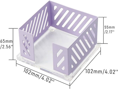 Sticky Note Holder Memo Pad Cube Dispenser 3.5 x 3.5Inch Notepad Holder Acrylic Base Purple Metal Mesh Desk Organizer for Home Office Supplies (Purple Memo Pad Holder)