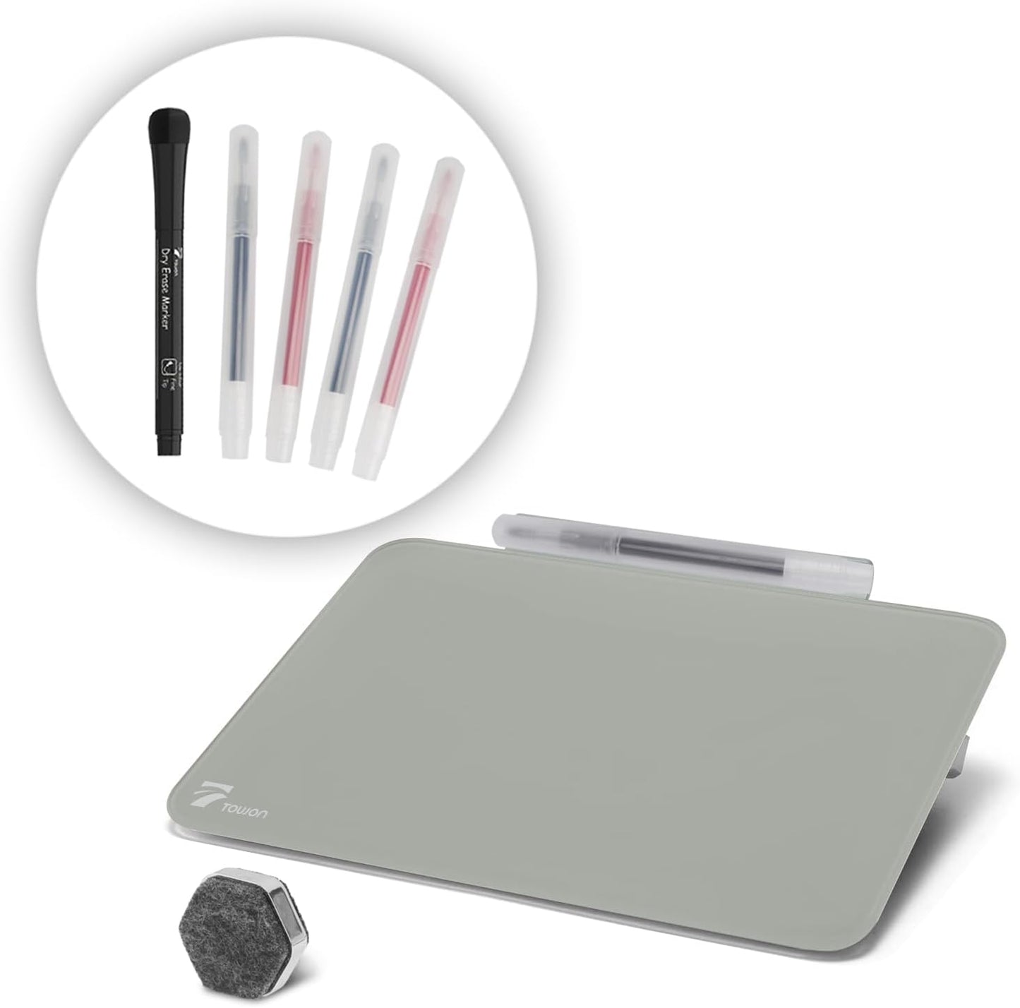 TOWON Small Glass Dry Erase Board, Desk White Board with Standing, Mini Whiteboard Easel Pad Set, Stenography Artifact for Office, Home and School Supplies, 8x6 Inches, Black