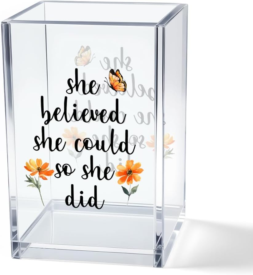 Never Let Anyone Dull Your Sparkle Acrylic Makeup Brush Organizer Holder, Girl Power Desk Acrylic Brushes Storage, Inspirational Quote Gifts for Women Friend Sister Make Up Artist Makeup Lover