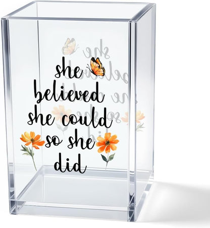 Never Let Anyone Dull Your Sparkle Acrylic Makeup Brush Organizer Holder, Girl Power Desk Acrylic Brushes Storage, Inspirational Quote Gifts for Women Friend Sister Make Up Artist Makeup Lover