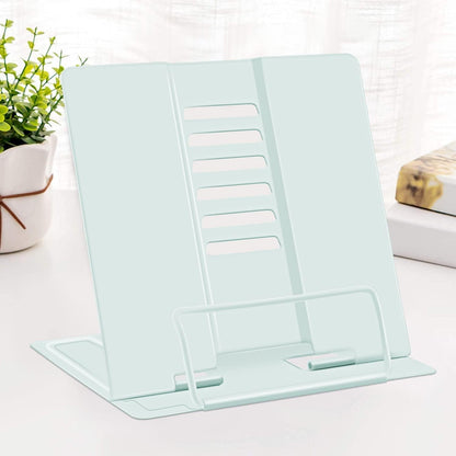 MSDADA Desk Book Stand Metal Reading Rest Book Holder Adjustable Cookbook Documents Holder Bookstands for Recipes Textbook Music Books, the First Day of School Gift for Students, Teachers (Light Blue)