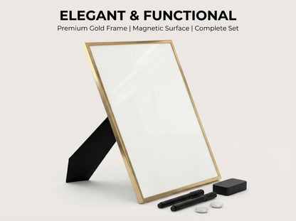 Magnetic Dry Erase Board 12x16 with Foldable Stand, Portable Gold Desktop Whiteboard for Home, Office, School & Kitchen, Includes Weekly & Monthly Magnetic Planner Sheets
