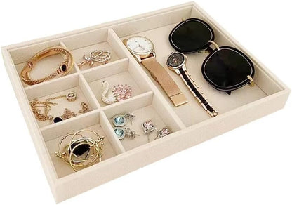 Velvet Sunglasses Organizer Tray 4 Slot, Stackable Eyewear & Glasses Display Case, Premium Beige Velvet, Scratch-Free Lining, Drawer Insert for Dressing Table Vanity Home Retail Trade Show