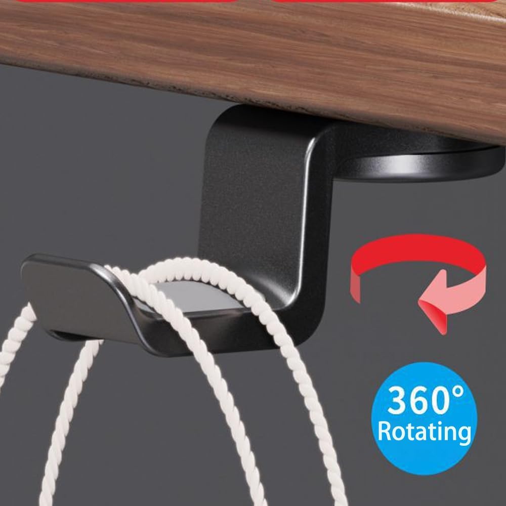 Headphone Hook Under Desk Holder Hanger Nylon 360° Rotating Adjustable Lightweight Students' Desk Hook Mount for Desk & Table Bag Backpack Headset Hook with 50lb Capacity (Screw Fixation)
