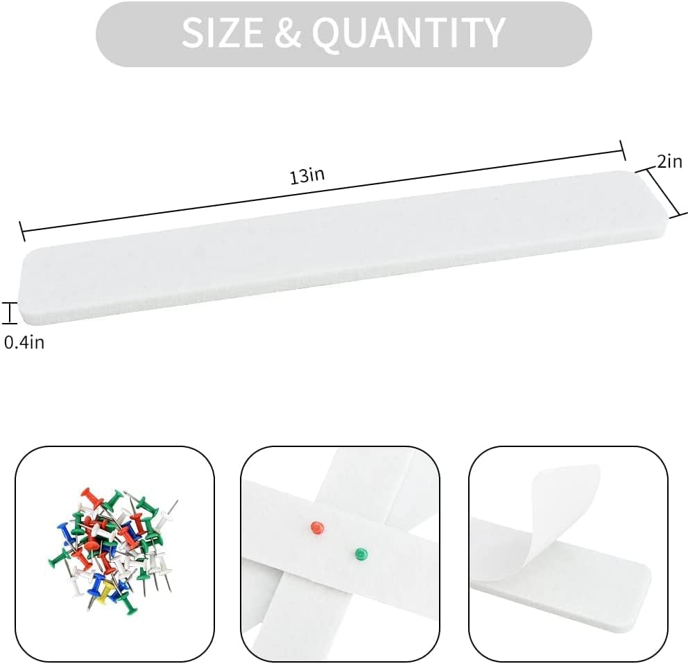 Vuzvuv 8 pcs Bulletin Board Bar Strips with 50 Pushpins & 10 Wooden Clip pins，Self Adhesive Cork Board for Wall，Felt Pin Board for School，Office Decor（Black White Grey）