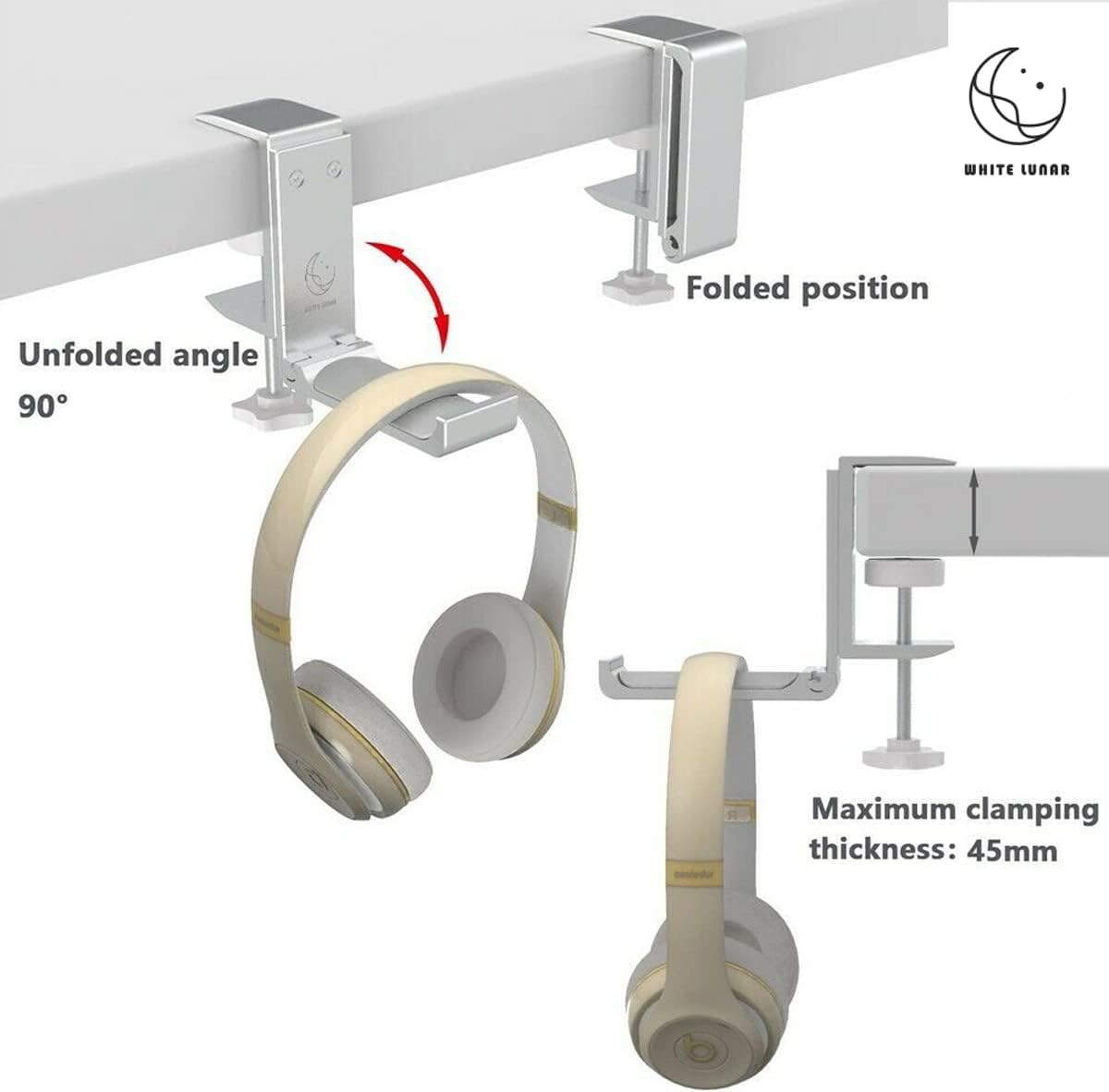 Under Desk Headphone Hanger, Foldable Aluminum Headset Hook for Clean Desk Setup, Space Saving Clamp Mount for Gaming & Home Office