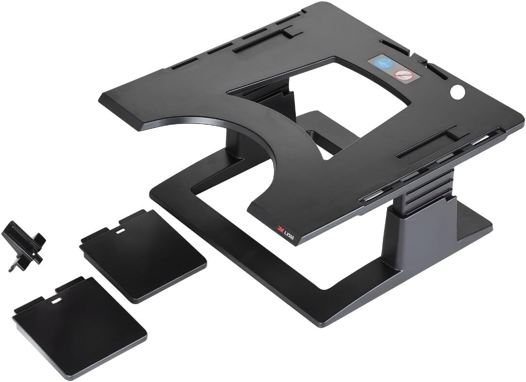 3M Adjustable Laptop Stand, Raise Screen Height to Reduce Neck Strain, 3" Height Adjustment, Large Platform for Docking Station, Non-Skid Base Keeps Laptop Secure, Cable Management, Black (LX500)