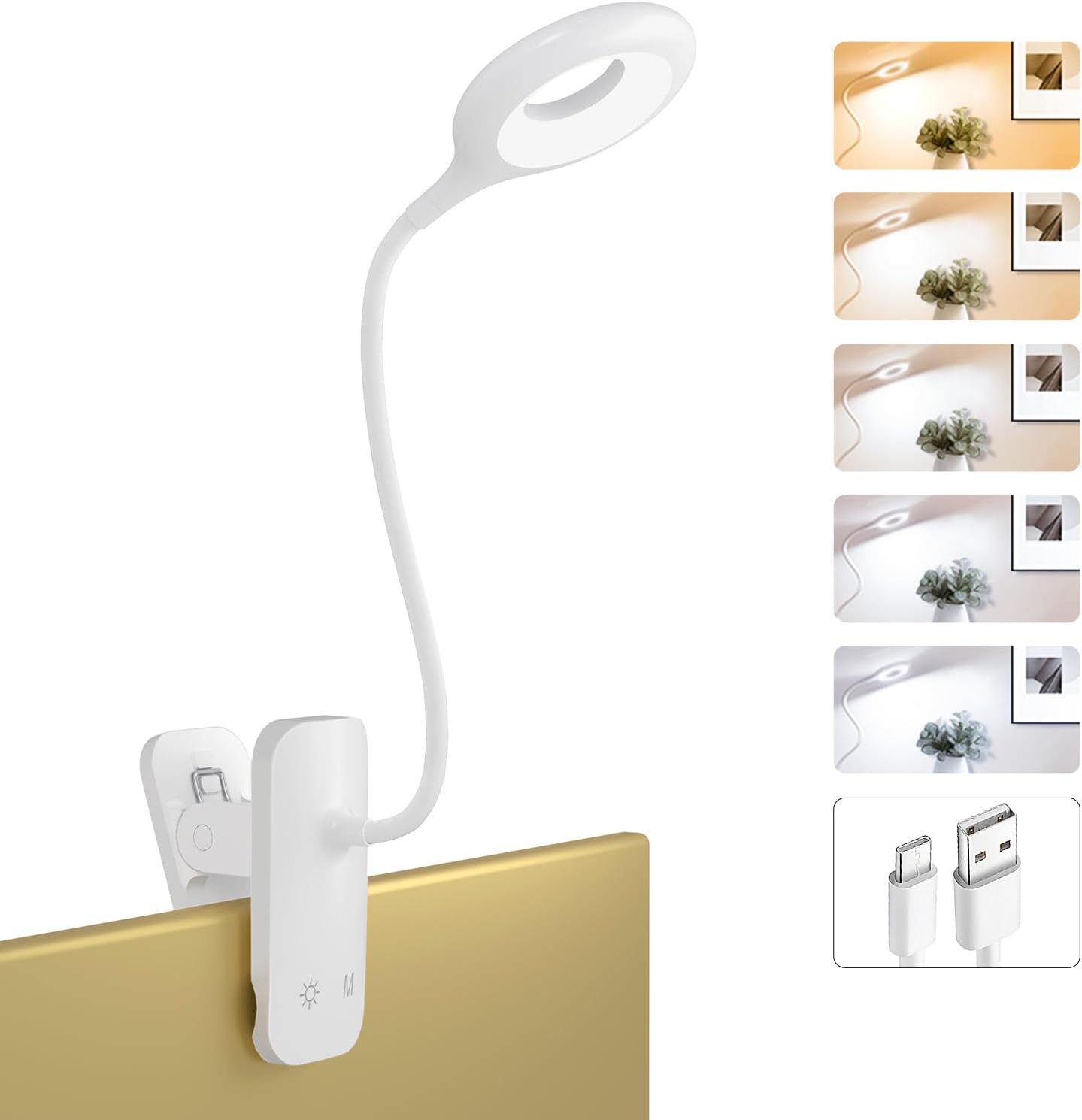 Clip on Light Rechargeable with Large Clamp, Battery Operated Bed Headboard Reading Lamp - 5 Colors 5 Brightness, Flexible Arm Book Light at Night for Kids Desk Bunk Metal Bed Frame (Black)