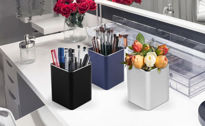 RQB Metal Pen Holder for Desk Square Aluminum Desktop Organizer and Makeup Brush Holder Storage Box for Office, School, Home, and Kids, Non-slip silicone 4×3.15inch-Gray