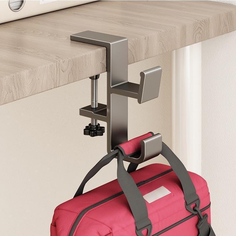 2-Pack Aluminum Purse Hook for Desk & Table, No Drilling, Bolt-Fixed Desk Bag Hook – Strong Load-Bearing, Double Hooks for Bags/Backpacks (Cream)
