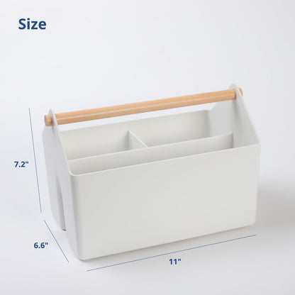 BLUE GINKGO Medium Storage Basket – Plastic Caddy with Wooden Handle for Office, Arts & Crafts, or Home Supplies (Gray)
