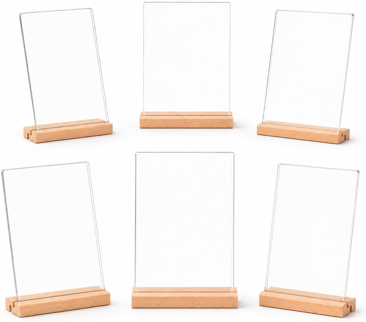 4x6 Acrylic Sign Holder with Beech Wood Base, 12 Pack Clear Double-Sided Tabletop Sign Display Stand, Dual-Use L/T Base for Menu, Wedding Table Number, Photo, Flyer and Retail Display (12, 4x6)