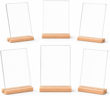 4x6 Acrylic Sign Holder with Beech Wood Base, 12 Pack Clear Double-Sided Tabletop Sign Display Stand, Dual-Use L/T Base for Menu, Wedding Table Number, Photo, Flyer and Retail Display (12, 4x6)