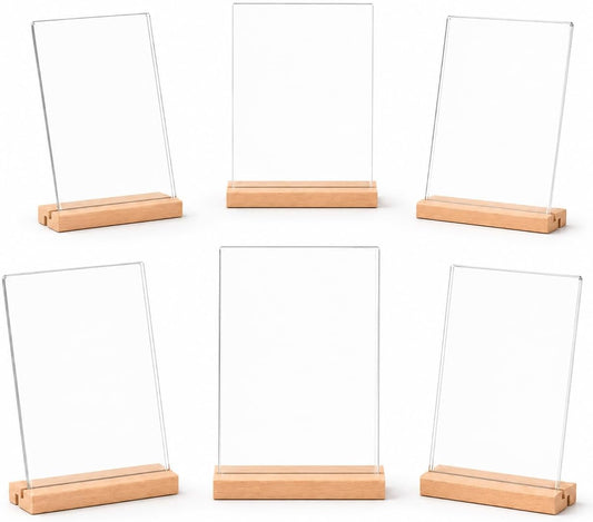 4x6 Acrylic Sign Holder with Beech Wood Base, 12 Pack Clear Double-Sided Tabletop Sign Display Stand, Dual-Use L/T Base for Menu, Wedding Table Number, Photo, Flyer and Retail Display (12, 4x6)