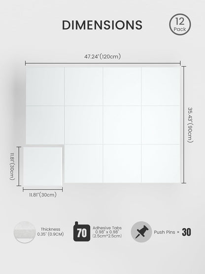 Bumusty Large Cork Board Alternative-48 x 36" Felt Bulletin Board Tiles, with 30 Pushpins, 70 Adhesive Tabs, Bold-Stripe 12-Pack, Cork Boards for Office Push Pin Board Felt Board-Carbon Blue