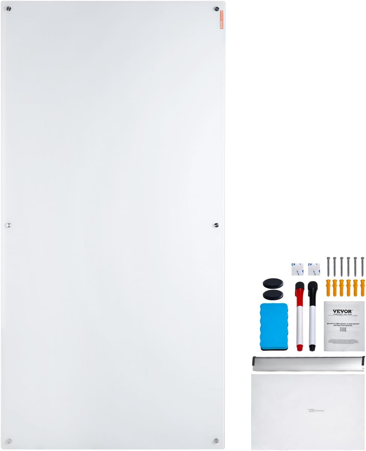 VEVOR Magnetic Glass Whiteboard, Dry Erase Board 36"x24", Wall-Mounted Large White Glassboard Frameless, with Marker Tray, an Eraser and 2 Markers, Black