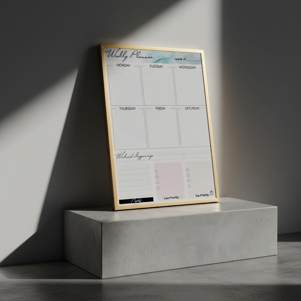 Magnetic Dry Erase Board 12x16 with Foldable Stand, Portable Gold Desktop Whiteboard for Home, Office, School & Kitchen, Includes Weekly & Monthly Magnetic Planner Sheets
