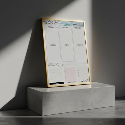Magnetic Dry Erase Board 12x16 with Foldable Stand, Portable Gold Desktop Whiteboard for Home, Office, School & Kitchen, Includes Weekly & Monthly Magnetic Planner Sheets
