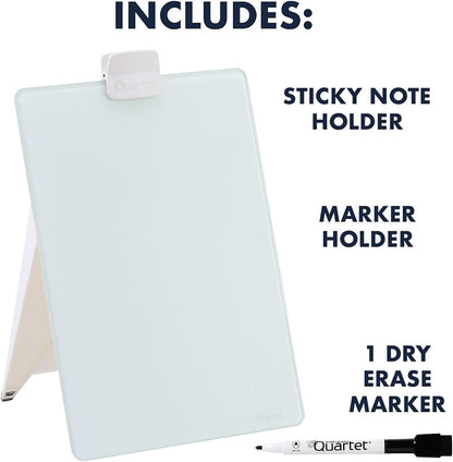 Quartet Dry Erase White Board 9"W x 11"H Desktop Glass Pad with Removable Clip and Marker, White (GDE119)