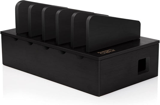 Prosumer's Choice Wooden Charging Station Organizer - 5-Port Base for Phones, Tablets and Laptops - Multi-Device Docking Station with Removable Divider Slots - Cord Box with Cable Management - Bamboo