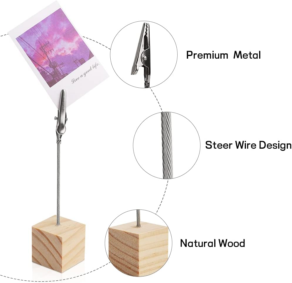 10 PCS Wooden Memo Clips Holder Table Numbers Place Card Holders Lightweight Wood Cube Base, Memo Photo Picture Paper Note Clip with Alligator Clip Clasp for Displaying Number Cards