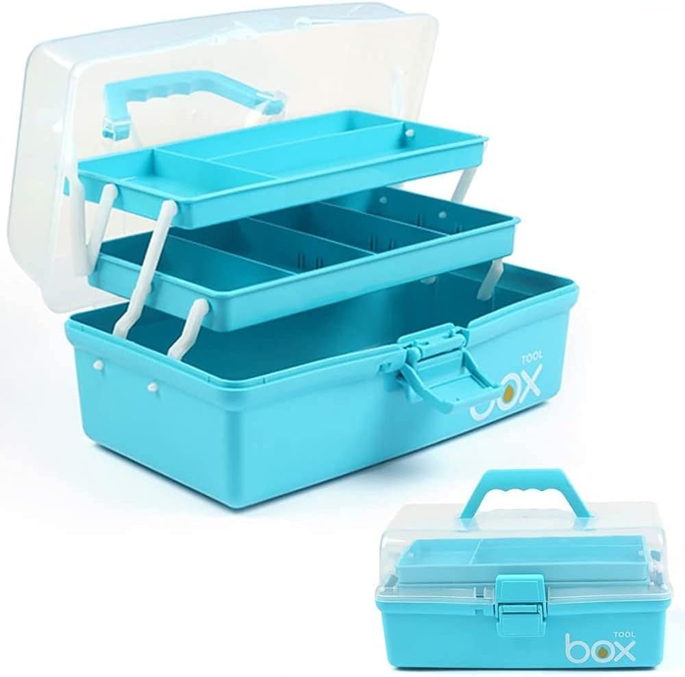 TERGOO 12in 3-Layer Plastic Craft Organizers and Storage, Portable Folding Tackle Box with Handle & Adjustable Dividers, Multipurpose Case for Sewing, Art Supplies, Medicine, Tools (Purple Blue)