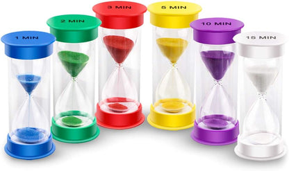 EMDMAK Sand Timer, Acrylic Hourglass Colorful Sandglass Timer 1 min/2 mins/3 mins/5 mins/10 mins/15 mins Sand Clock Timer for Games Classroom Home Office(Pack of 6)
