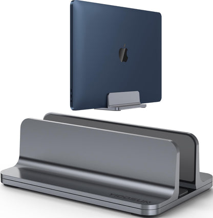 YICOSUN Dual-Slot Aluminum Vertical Laptop Stand for Desk - Adjustable Width Dock for MacBook, Surface, Samsung, HP, Dell up to 17.3 inches - Space-Saving & Protective Design - Gray