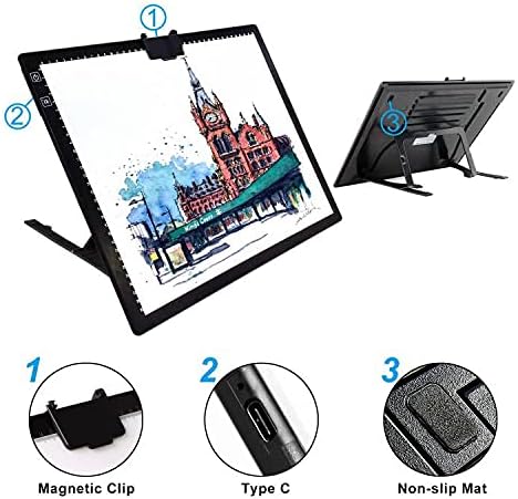 TOHETO A3 Light Pad, Rechargeable Light Board for Diamond Painting, Tracing Light Box with Stand and Clip, Light Table Lightbox for Tracing, Drawing