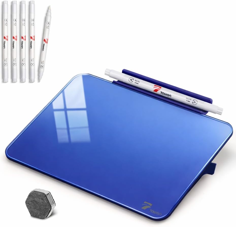 TOWON Small Glass Dry Erase Board, Desk White Board with Standing, Mini Whiteboard Easel Pad Set, Stenography Artifact for Office, Home and School Supplies, 8x6 Inches, Black