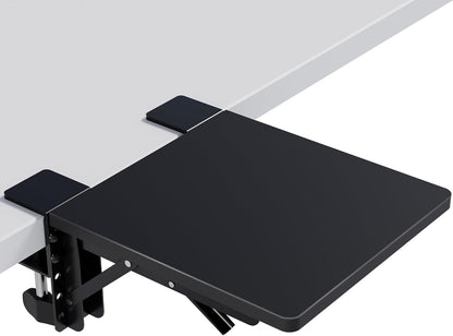 BONTEC Desk Extender Tray, 11.8"x5.9" Table Mount Arm Wrist Rest Shelf, 90°Foldable Elbow Support, Clamp on Computer Arm Rest for Desk, Office & Home Use, Durable & Easy to Install, Black Carbon Fiber