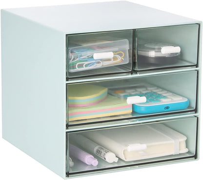 Desk Organizer with 4 Drawers, Clear Plastic Desk Storage Box, Desktop Organization for Office Supplies, Gel Pens, Pencils, Markers, Tape, Erasers, Paperclips, Chargers (White-4 Draws)