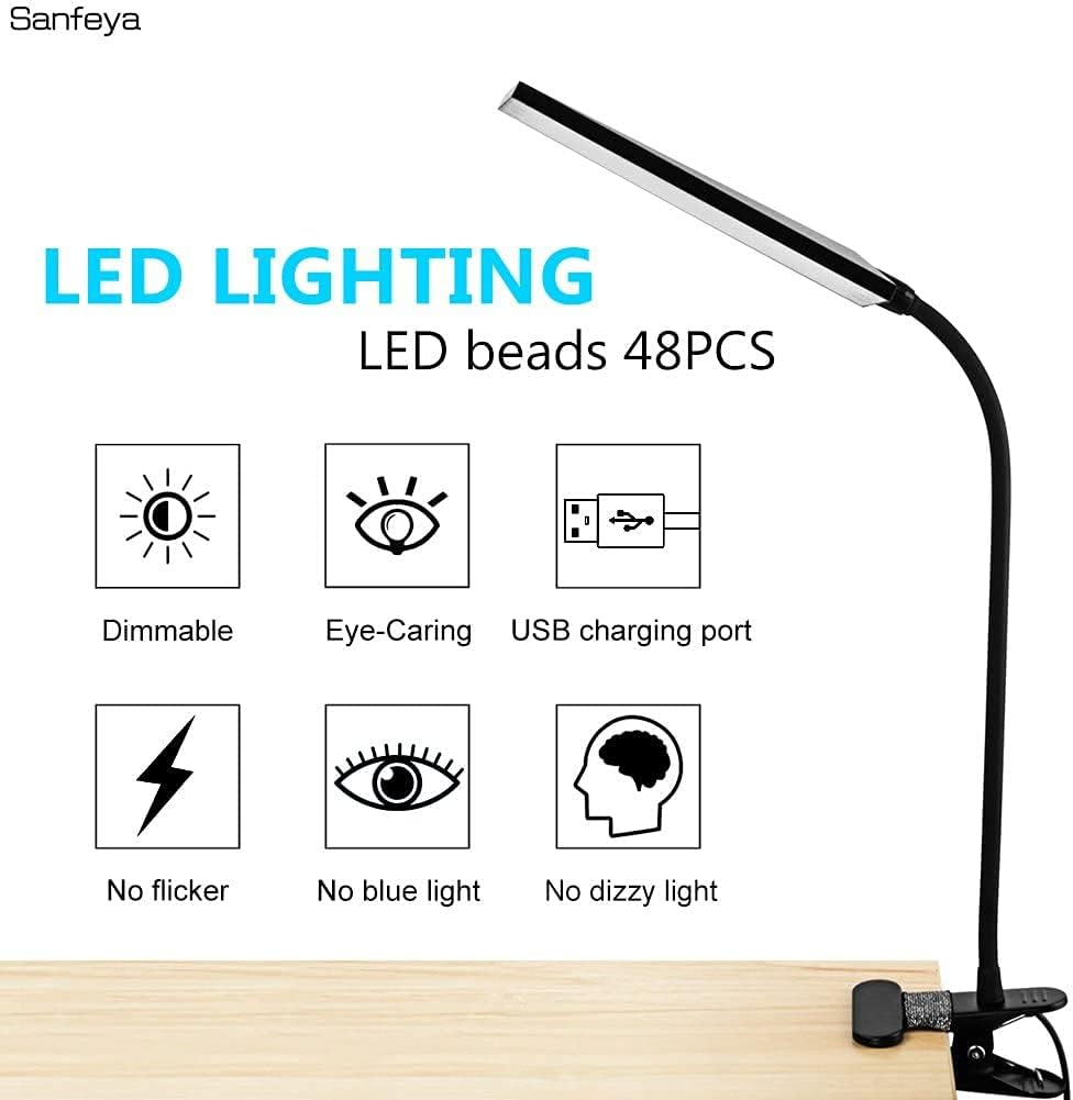 Vansuny Clip on Light LED Desk Lamp with Eye-Caring LED Light and Metal Clip, 6 Level Brightness 3 Color Modes, Power by USB Port 5W Adjustable Neck Reading Lamp for Home and Office (5W, Black)