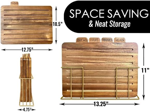 Acacia Cutting Boards for Kitchen with Holder 13" x 11" x 2.5" | Labeled Wood Cutting Board Sets | Large Wooden Cutting Board Set of 4 with Black Organized Stand | Non Toxic Chopping Board