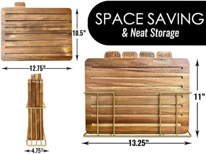 Acacia Cutting Boards for Kitchen with Holder 13" x 11" x 2.5" | Labeled Wood Cutting Board Sets | Large Wooden Cutting Board Set of 4 with Black Organized Stand | Non Toxic Chopping Board