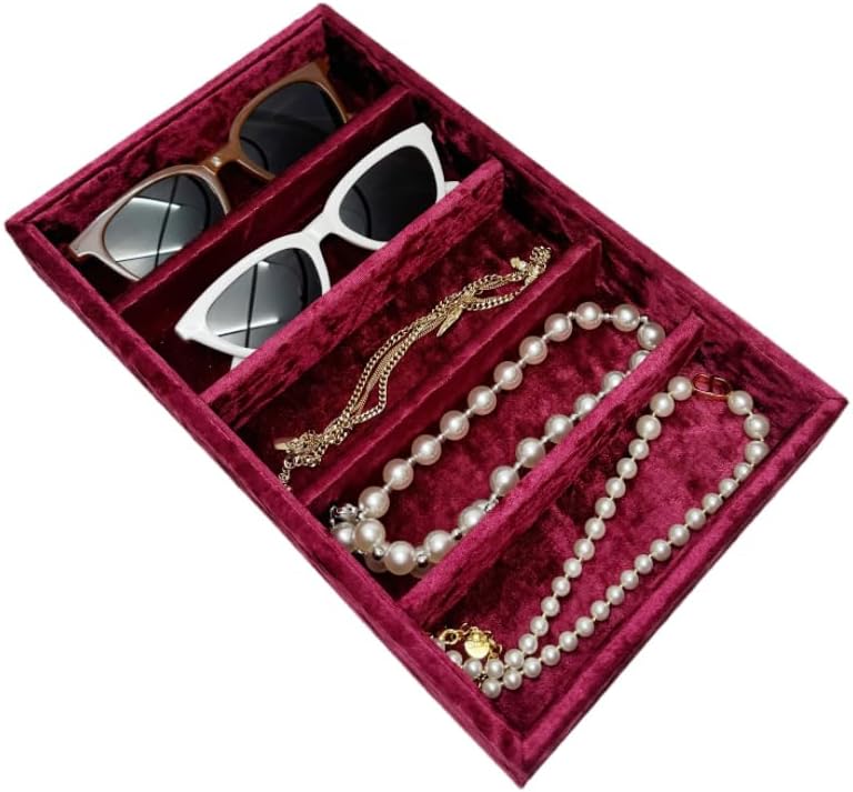 AgentMoon 5-Compartment Velvet Sunglasses & Jewelry Organizer Tray – Adjustable Dividers, Sturdy Wood, Non-Slip Storage for Watches, Glasses, Bracelets, Desk or Drawer.(Tabby Red)