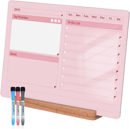 Acrylic Dry Erase to-Do List Board with Solid Wood Base, 9x13 Desktop Whiteboard Planner, Task Organizer for Office/Home/School, Includes 3 Dry Erase Markers (White)