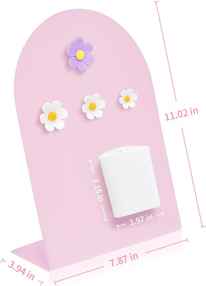 Desk Magnetic Message Board, Metal Bulletin/Memo Board with Magnetic Pen Holder and Flower Pins with Stand, Souvenir/Photo Display Board for Home, Office, Dormitory, Apartment, 8 * 11Inch (White)